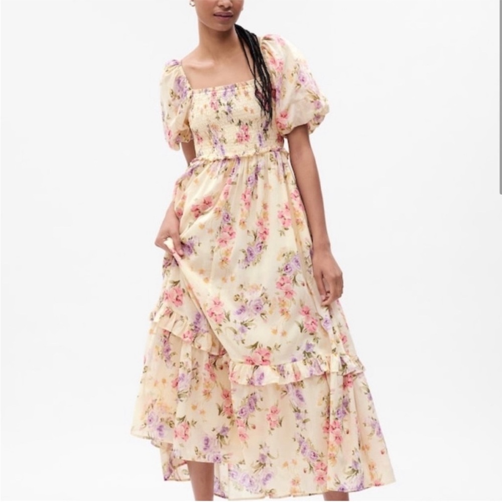 LoveShackFancy Cream Floral Puff-Sleeve Maxi Dress with Pink & Lavender Flowers